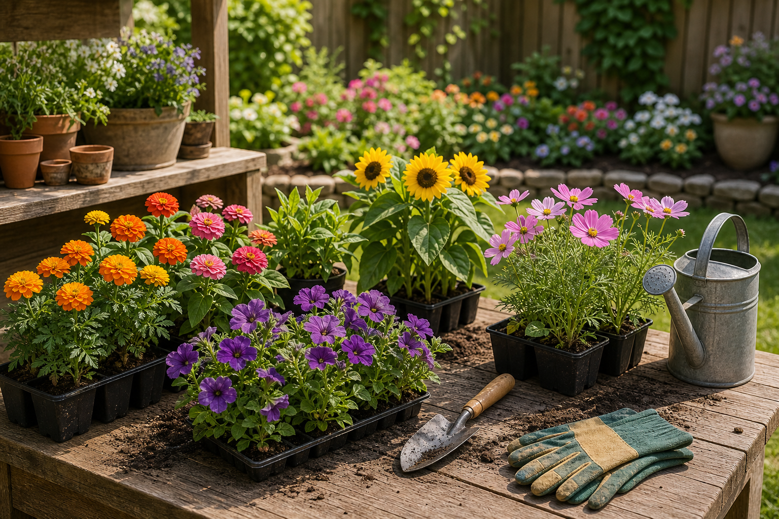 Sunny garden planting scene with colorful starter flowers, gloves, trowel, and watering can