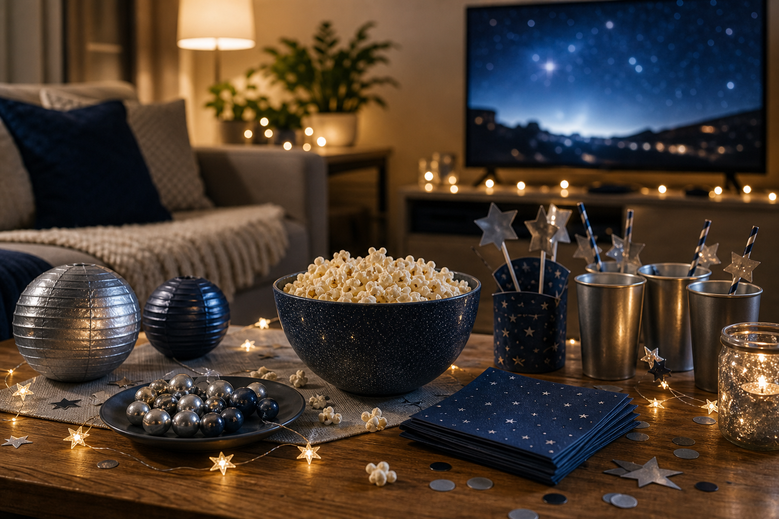 Cozy living room movie night setup with popcorn, star lights, and blue and silver party accents