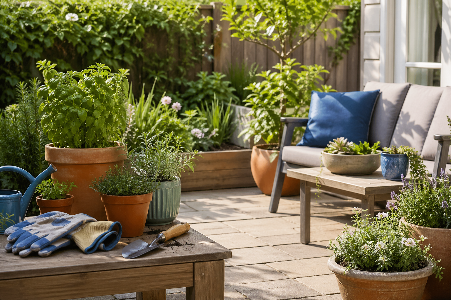 Tidy patio garden with planters, garden gloves, and hand tools