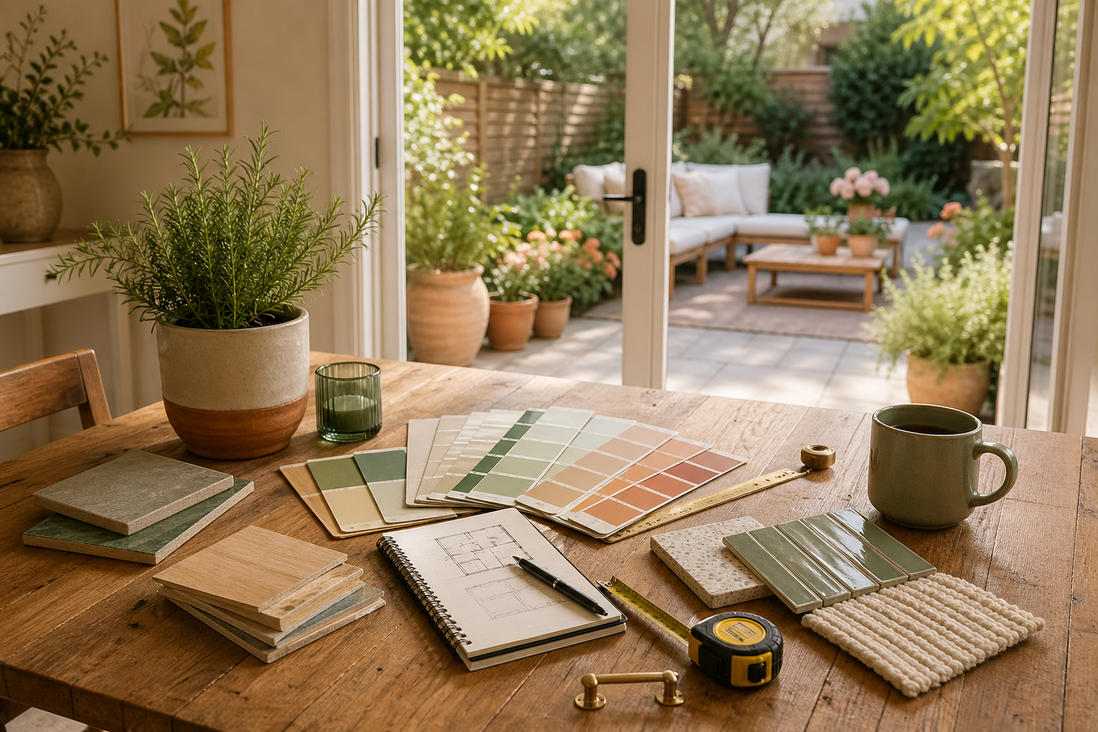 Renovation planning table with samples, plant, notebook, and patio view